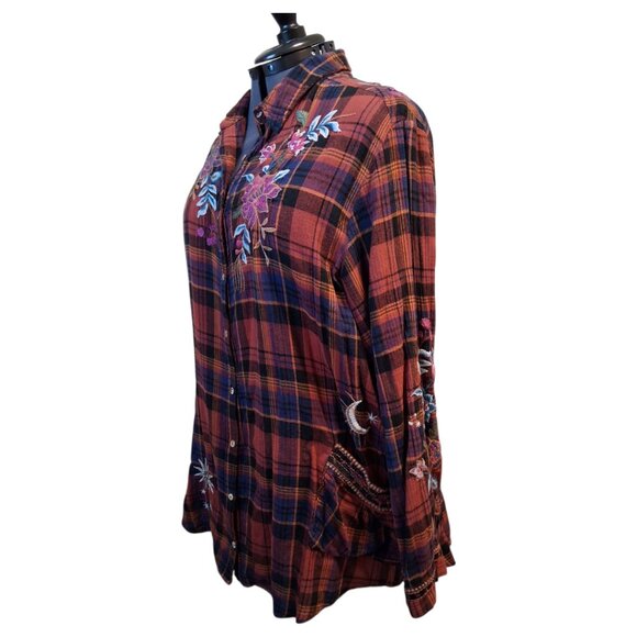 Johnny Was WS Cordelia Painters Smock Plaid Embroidered Button Front Top Sz XXL - Picture 5 of 13